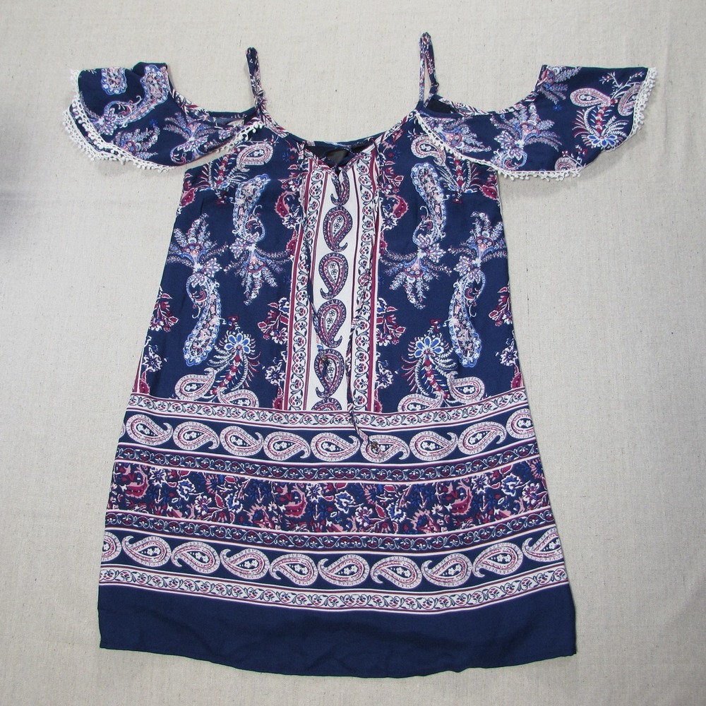 Trixxi Cold Shoulder Mini Dress Navy Blue Paisley Boho Lace Trim Festival Size S